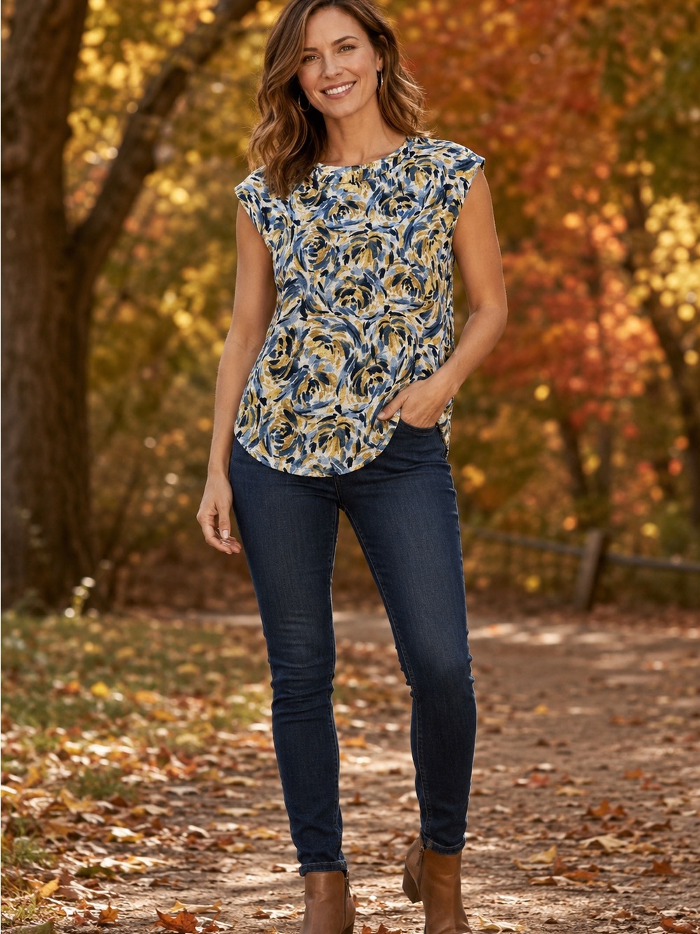 Jones New York Signature Floral Gold Button Shoulder Top NWOT Large